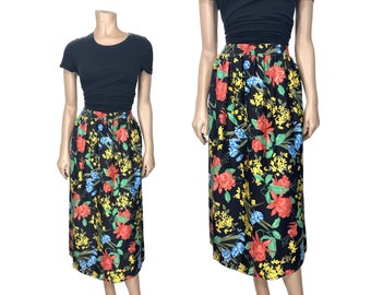 Black Floral Print Elastic Waist Skirt // Black Floral Print Skirt with Bright Yellow, Red, Blue & Green Flowers // 1262