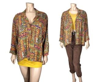 Abstract Print Shirt // Yellow, Orange and Green Geometric Print Flowy Blouse by Chico's Designs // Rayon Blouse // 1369