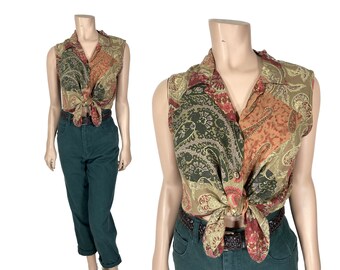 Paisley Print Button Down Sleeveless Shirt by Clio // Size Medium Button Down Collared Sleeveless Top // 1169