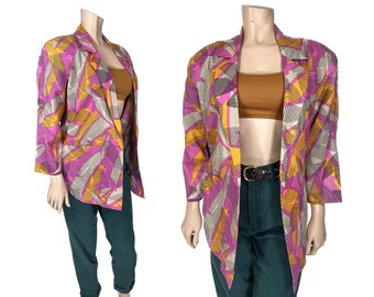 Funky Blazer // Oversized Pink & Orange Linen Blazer // Funky Geometric Print Blazer // 1236