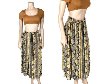 Batik Maxi Skirt // Multi-Size Drawstring Boho Skirt // Hippy Skirt // India Skirt // Brown, Yellow and Black // 1215