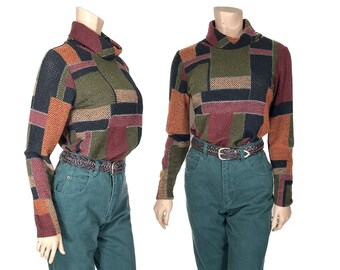 90s Turtleneck // Black, Maroon, Green, and Orange Colorblock Shirt // Earth-Tone Vintage Turtleneck // 90s Office Wear // 1383