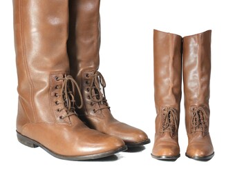 Size 7 Tall Brown Leather Boots - Lace Up at Ankle // Tall Leather Boots // 0700