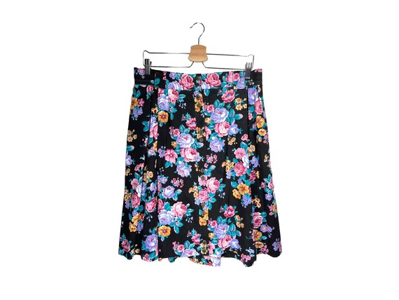 XL Black Floral Print Skirt // Vintage 90s Floral… - image 2