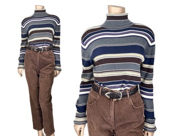 Blue & Brown Striped Turtleneck by Gap // Women's Large Turtleneck Shirt // 90s Turtleneck // Office Wear // 1302