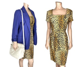 Leopard Print Dress // 90s Fitted Linen Leopard Dress // Knee Length Leopard Print Linen Dress // 1385