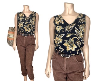 Black Floral Print Rayon Top by Anxiety // Size XS Black & Tan Tropical Floral Print Rayon 90s Tank Top // 0563