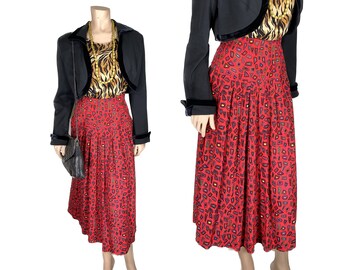90s Red Rayon Skirt // Red Geometric Print Drop Waist Skirt // Red Funky Geometric Print Abstract Midi Skirt // 1368