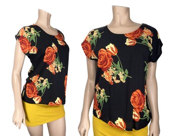 Black Floral Shirt // Black, Red, and Yellow Floral Print Boxy Rayon Top // Boxy Floral Shirt // 1120