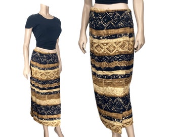 Rayon Wrap Skirt // Black and Tan Fitted Batik Maxi Skirt // Small Tribal Wrap Skirt by Solitaire // 1053