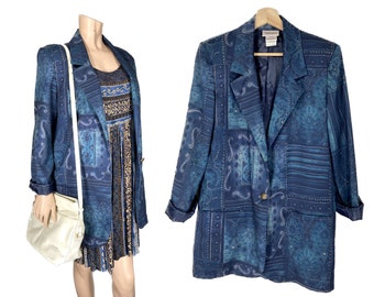 Blue Oversized Blazer // Abstract Blazer // Women's Medium Oversized Blazer // Office Wear // Geometric Print Blazer // 1381