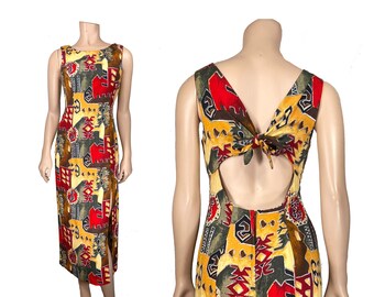 XS Abstract Dress // 90s Rayon Tie-Back Dress // Peekaboo Back-cutout Dress // Geometric Print Dress // 0807