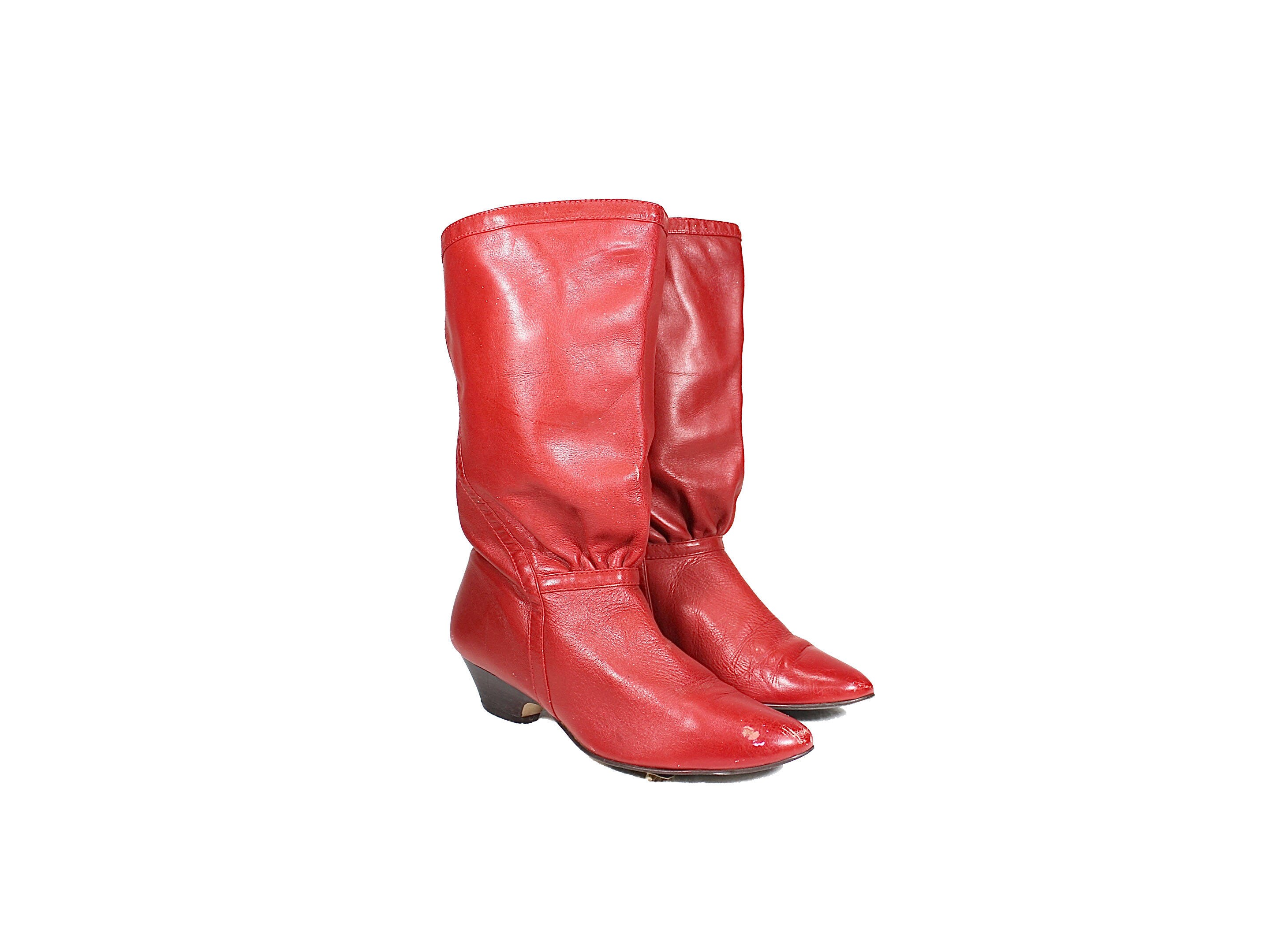 Size 6.5 Red Leather Mid Calf 80's Boots // Tie Back Slip - Etsy