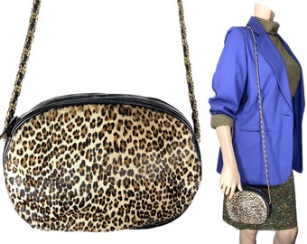 Cowhide Leopard Print Gold Chain Purse // Vintage Leopard Print Purse // Vintage Leopard Shoulder Bag // 1377