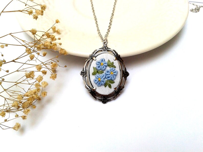 Forget Me Not Hand Embroidered Pendant Necklace - Etsy