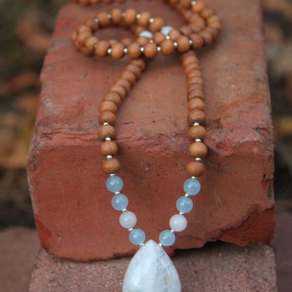 Moonstone Sandalwood Mala  Meditation Inspired Yoga Beads / mala beads BOHO chic