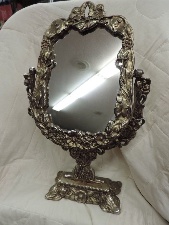 Vintage Brass Cast Metal Free Standing Mirror Swiveling Vintage Brass Cast Metal Free Standing