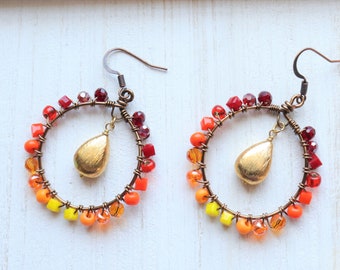 Colorful, vibrant, fall earrings, autumn, ombre, hoop earrings, wire wrapped, glass beads, dainty, glass bead, red, orange, yellow