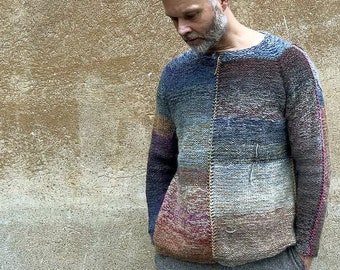 Handmade knitted block colour natural wool, mixed wool, and KidMohair Nordic style unisex sweater in grey, blue and brown colours