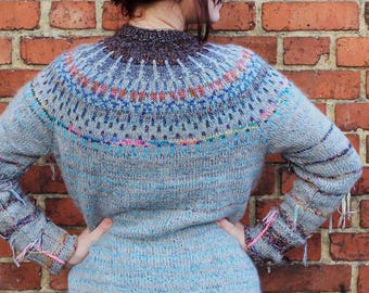 Handmade knitted soft wool Icelandic style sweater with an Icelandic style Fair Isle pattern