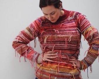 Handmade knitted polyester wool striped women's jumpers in bright pink, deep red, mustard yellow colours