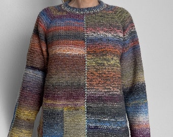 Handmade knitted natural wool bright and colourful oversized sweater