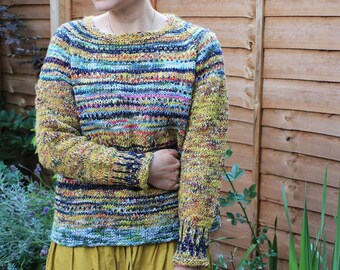 Handmade knitted striped tie-dyed Merino wool sweater in bright mustard and blue