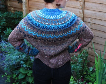 Handmade knitted Icelandic style Fair Isle dark brown natural Merino wool cardigan with bright blue pattern and pearls