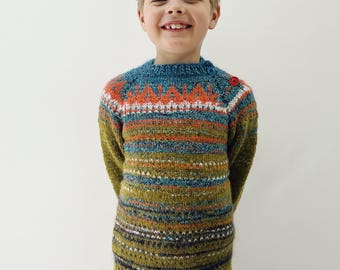 Handgestrickter isländischer Wolle Fair Isle Pullover - Grün, Blau, Orange