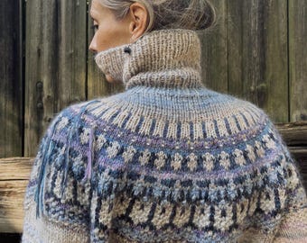 Handmade knitted oversized Merino and KidMohair wool Icelandic style Fair Isle unisex  sweater in pale pastel colours