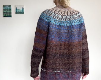 Handmade knitted Icelandic-style Fair Isle unisex sweater with blue  Icelandic pattern and striped brown body