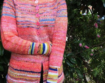 Hand knitted bright pink striped natural soft Merino wool and Kid Mohair women's cardigan