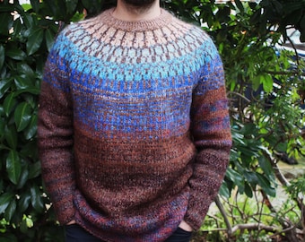 Handmade knitted Icelandic-style Fair Isle unisex sweater with blue  Icelandic pattern and soil-brown body