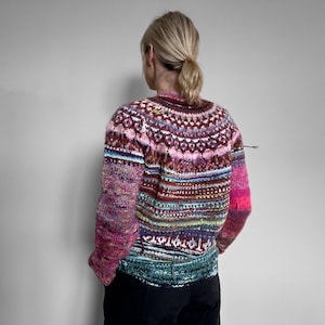 Handmade knitted Icelandic style Fair Isle pink and blue Merino wool and KidMohair sweater image 1