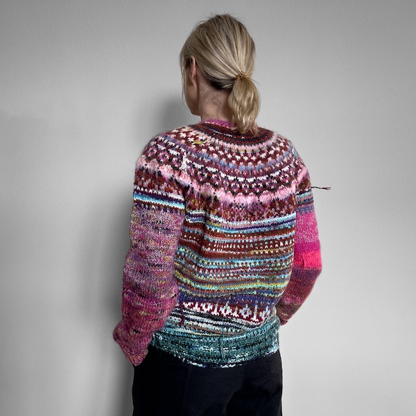 Handmade knitted Icelandic style Fair Isle pink and blue Merino wool and KidMohair sweater