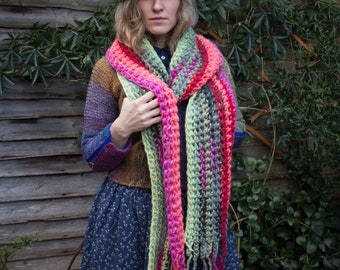 Handmade knitted bright pink and pale light mint unisex wool scarf