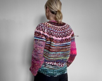 Handmade knitted Icelandic style Fair Isle pink and blue Merino wool and KidMohair sweater