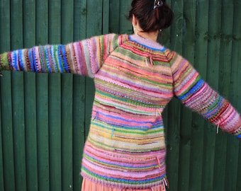 Handmade knitted bright and colourful striped sweater