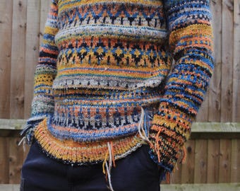 Handmade knitted mixed wool Icelandic style Nordic sweater in grey and mustard yellow