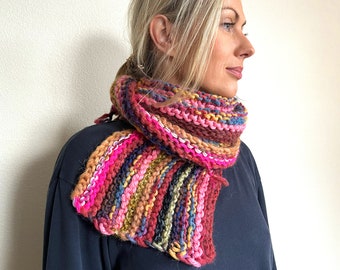 Handmade knitted bright pink soft wool striped scarf