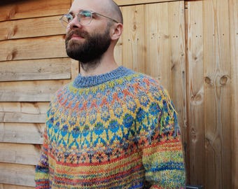 Handmade knitted mixed wool bright and colorful Icelandic style Fair Isle sweater