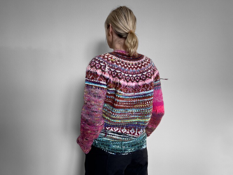 Handmade knitted Icelandic style Fair Isle pink and blue Merino wool and KidMohair sweater image 1