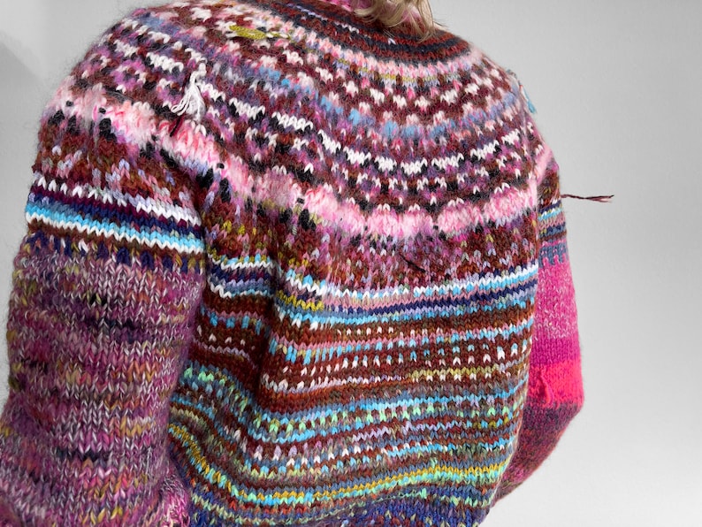 Handmade knitted Icelandic style Fair Isle pink and blue Merino wool and KidMohair sweater image 10