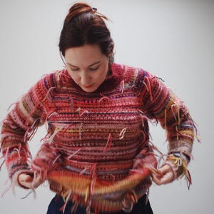 Handmade knitted wine red, pink and mustard yellow striped women&#39;s sweater