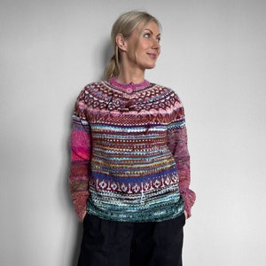 Handmade knitted Icelandic style Fair Isle pink and blue Merino wool and KidMohair sweater image 2