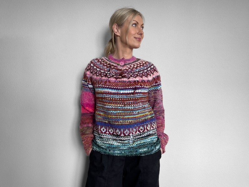 Handmade knitted Icelandic style Fair Isle pink and blue Merino wool and KidMohair sweater image 2
