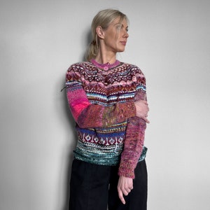 Handmade knitted Icelandic style Fair Isle pink and blue Merino wool and KidMohair sweater image 5