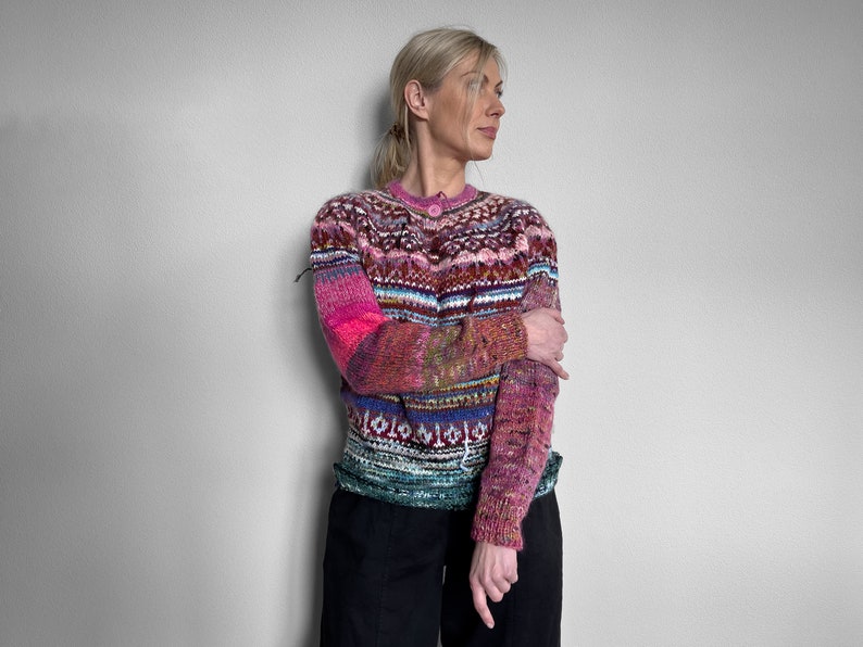 Handmade knitted Icelandic style Fair Isle pink and blue Merino wool and KidMohair sweater image 5