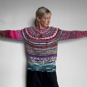 Handmade knitted Icelandic style Fair Isle pink and blue Merino wool and KidMohair sweater image 6