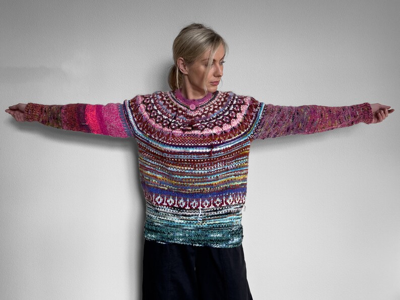 Handmade knitted Icelandic style Fair Isle pink and blue Merino wool and KidMohair sweater image 6